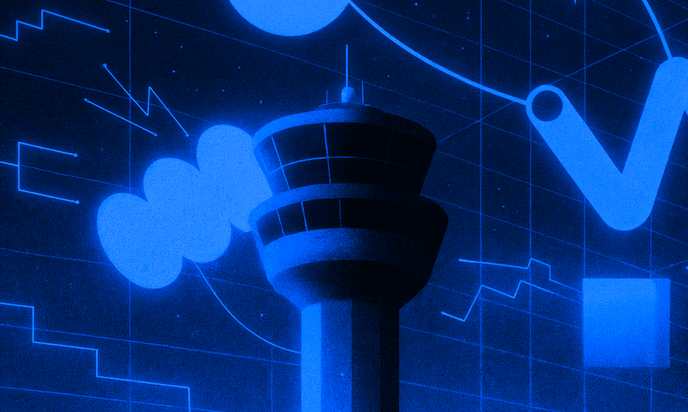 Blue illustration of an airport control tower in front of clouds, chart lines, and a robotic arm