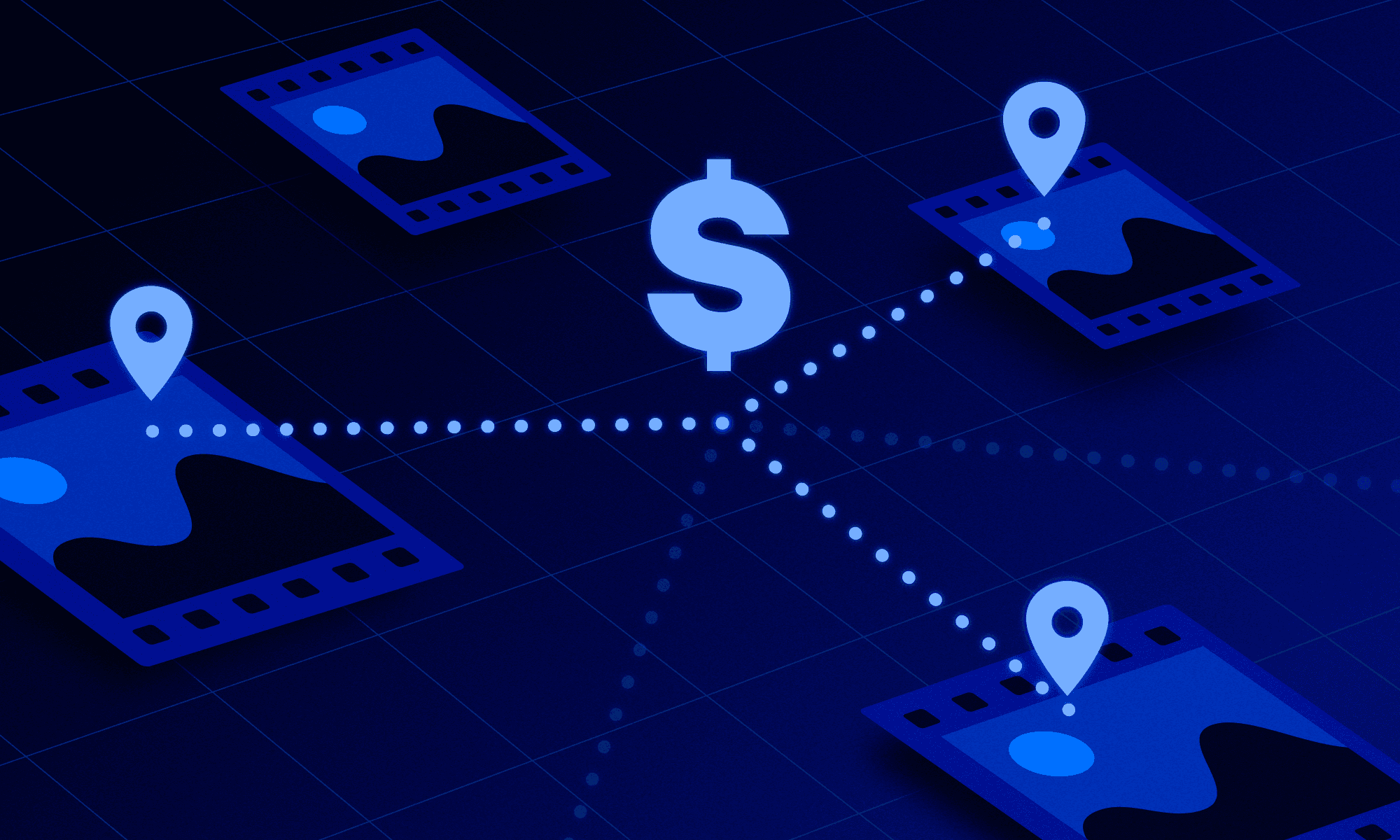 Isometric blue illustration of film-strip photos with location pins linked by dotted lines to a dollar sign