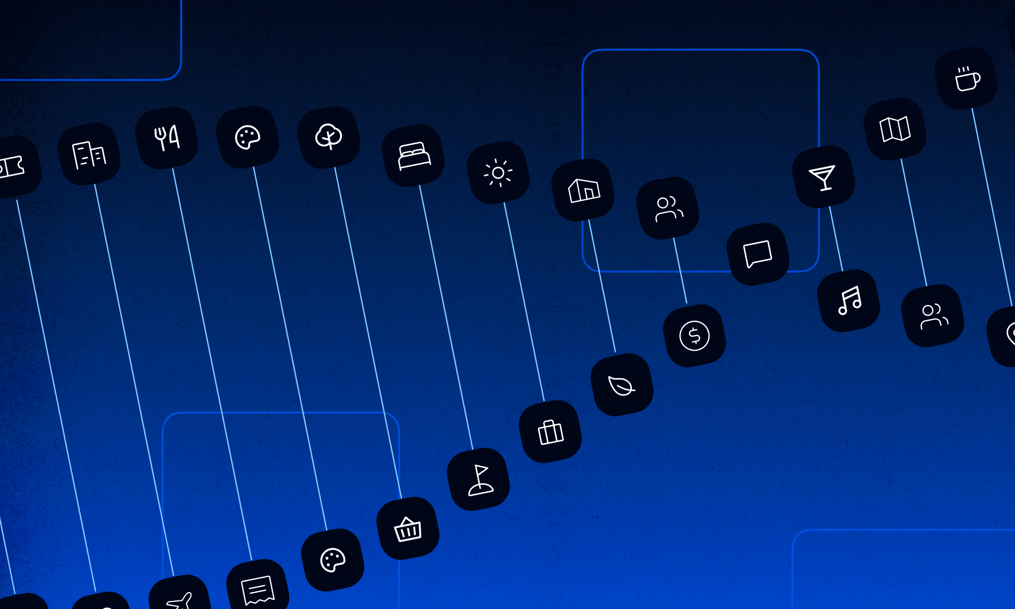 Rows of travel icons for flights, hotels, dining, and activities linked by lines on a blue background