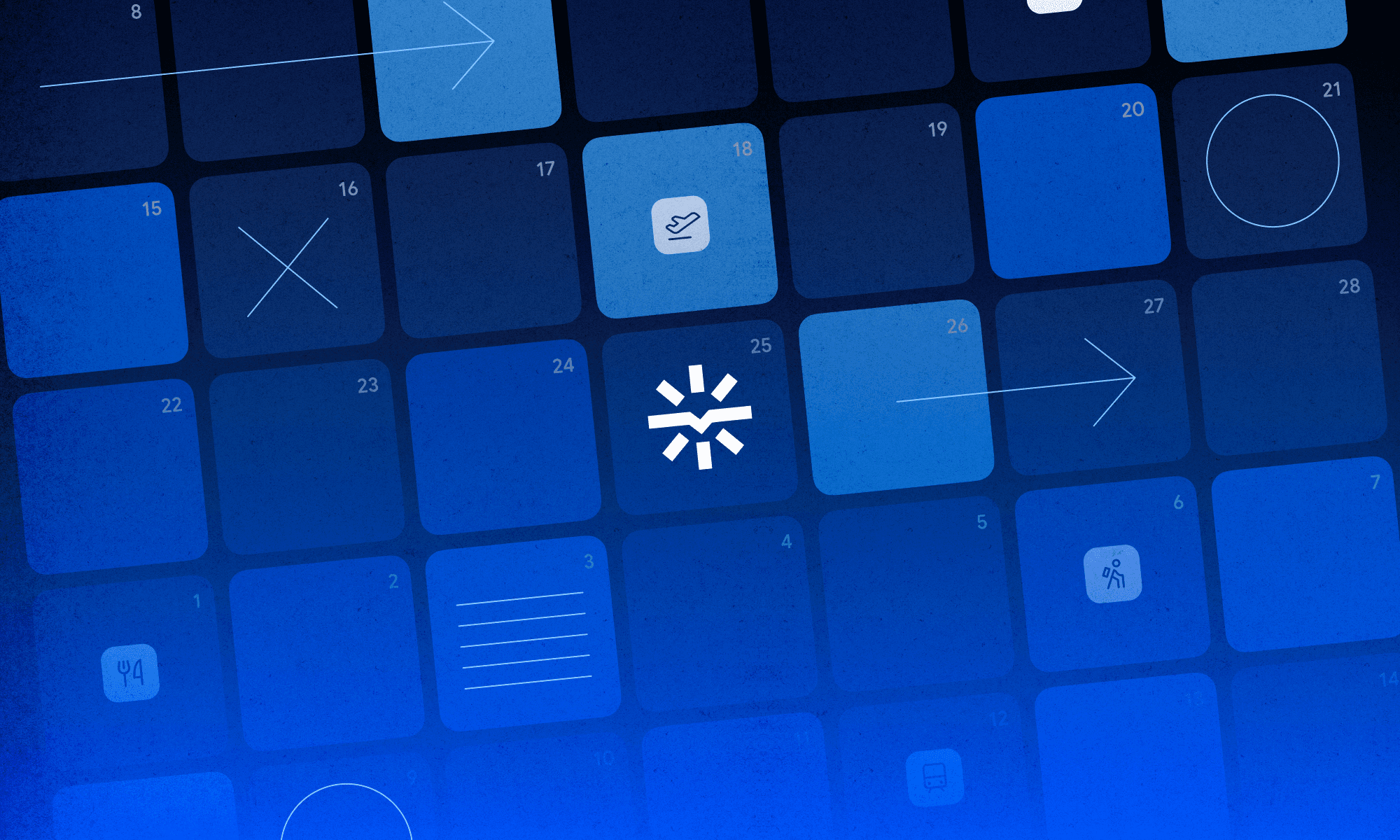 Blue calendar grid with the Voyagier starburst on one date and flight, dining, and hiking icons on other dates