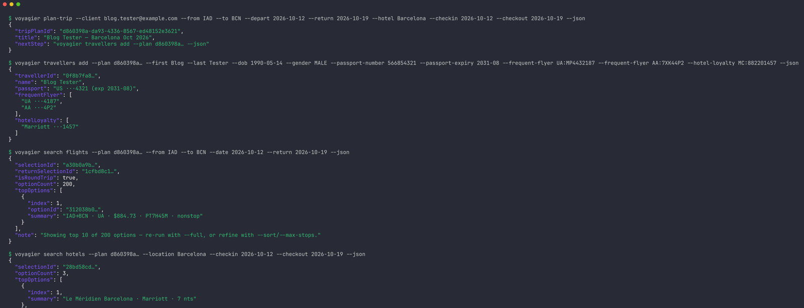 A real Voyagier CLI session: an AI agent plans and prices round-trip flights and a hotel
